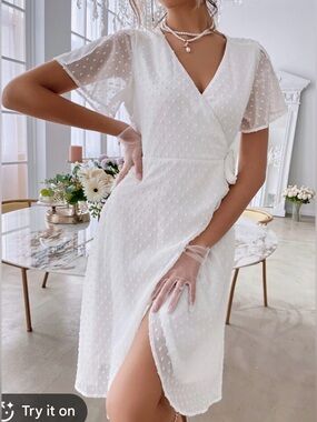 NWOT Eilly Bazar White Swiss Dot Wrap Dress